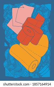 Toilet paper rolls and napkins in doodle style on abstract colored background