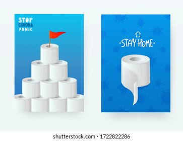 Toilet paper rolls quarantine stay home posters. Vector backgrounds for healthcare medical 2020 pandemic design.
