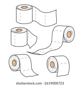 Toilet paper rolls, set of cartoon style drawings, illustrations
