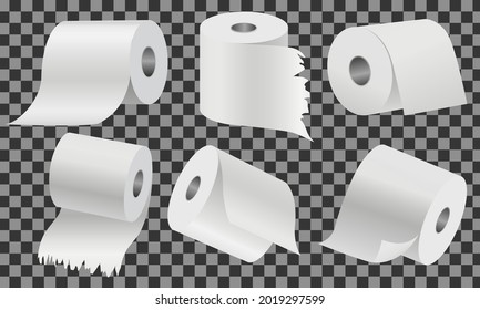 Toilet paper set flat vector illustration. Special paper for wiping. Paper product is used for sanitary and hygienic purposes. Roll of white coiled paper. Bumf isolated on transparent background
