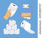 Toilet paper set. Vector illustration of soft white rolls. Hand holding towel. Toilet paper roll on metal holder.