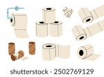 Toilet paper set. Vector illustration of soft white rolls. Hand holding towel. Toilet paper roll on metal holder.