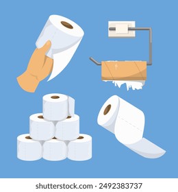 Toilet paper set. Vector illustration of soft white rolls. Hand holding towel. Toilet paper roll on metal holder.