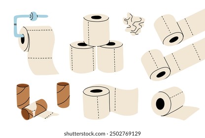 Toilet paper set. Vector illustration of soft white rolls. Hand holding towel. Toilet paper roll on metal holder.