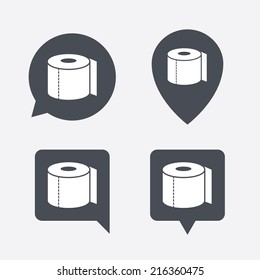 Toilet paper sign icon. WC roll symbol. Map pointers information buttons. Speech bubbles with icons. Vector