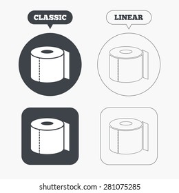 Toilet paper sign icon. WC roll symbol. Classic and line web buttons. Circles and squares. Vector