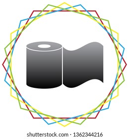 Toilet Paper sign. Vector. Black icon with patch of light inside colorful hexagonal frames at white background.