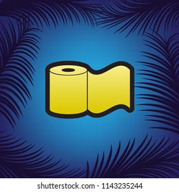 Toilet Paper sign. Vector. Golden icon with black contour at blue background with branches of palm trees.