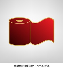 Toilet Paper sign. Vector. Red icon on gold sticker at light gray background.