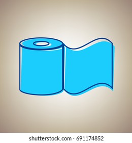 Toilet Paper sign. Vector. Sky blue icon with defected blue contour on beige background.