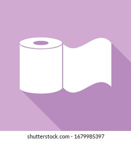 Toilet Paper sign. White Icon with long shadow at purple background. Illustration.