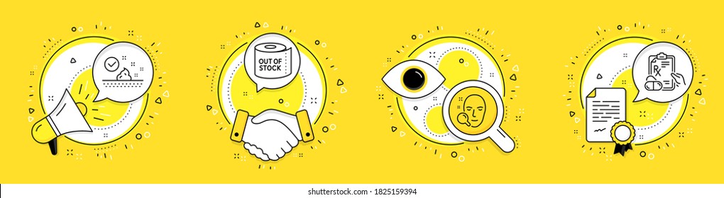 Toilet Paper, Skin Care And Face Search Line Icons Set. Megaphone, Licence And Deal Vector Icons. Prescription Drugs Sign. Tissue Roll, Face Cream, Find User. Pills. Healthcare Set. Vector