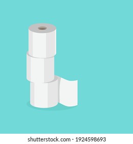 Toilet paper stacked rolls on a blue background. Copy space. Vector illustration in flat style