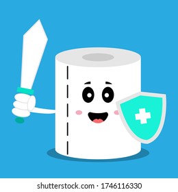 Toilet paper with sword and shield. Vector cartoon character illustration icon design.