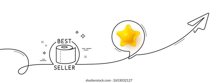 Ícone da linha de rolo de papel higiênico. Linha contínua com plano de compartilhamento. Sinal de best-seller. Símbolo de pânico de compras de coronavírus. Estrela 3d no balão de fala. Papel higiênico fita de linha única. Vetor