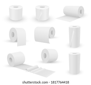 Toilet paper and towel rolls in different positions white realistic set. Bath tissue assortment. Personal hygiene disposable product. Soft protection, help for body. Vector isolated collection.