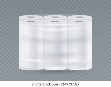 Toilet paper transparent package. 12 white rolls in plastic wrapping isolated on transparent background. Vector realistic Mockup. Blank template. EPS10.