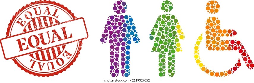 Toilet person symbols composition icon of round items in various sizes and spectrum multicolored color tinges. Red round rubber seal imprint with Equal message.
