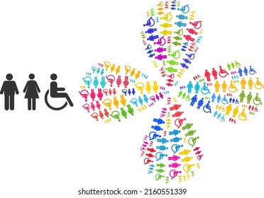 Toilet person symbols icon colored exploding abstract flower composition. Object flower combined from scattered toilet person symbols icons. Vector flower icon collage in flat style.