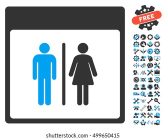 Toilet Persons Calendar Page icon with bonus setup tools pictograph collection. Vector illustration style is flat iconic symbols, blue and gray, white background.