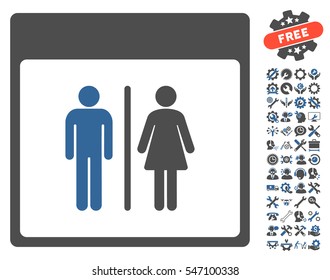 Toilet Persons Calendar Page icon with bonus setup tools symbols. Vector illustration style is flat iconic symbols, cobalt and gray, white background.