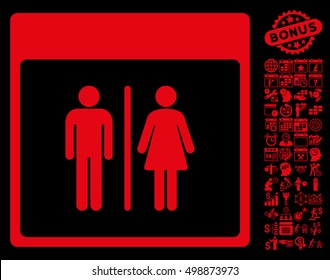Toilet Persons Calendar Page pictograph with bonus calendar and time management pictograph collection. Vector illustration style is flat iconic symbols, red, black background.