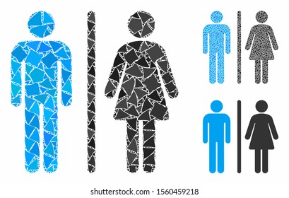 Toilet persons composition of rough items in variable sizes and color tinges, based on toilet persons icon. Vector trembly items are organized into collage.