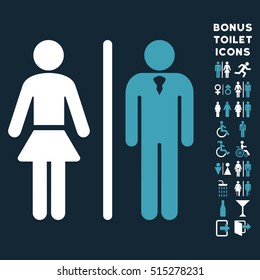 Toilet Persons icon and bonus man and woman lavatory symbols. Vector illustration style is flat iconic bicolor symbols, blue and white colors, dark blue background.