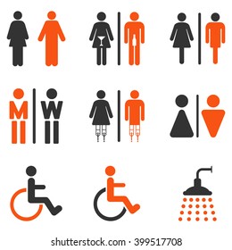 Toilet Persons vector icon set. Style is bicolor orange and gray flat symbols isolated on a white background.