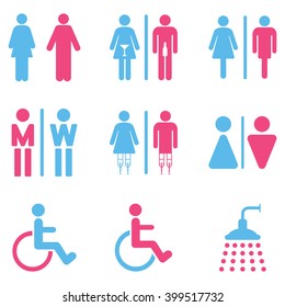 Toilet Persons vector icon set. Style is bicolor pink and blue flat symbols isolated on a white background.