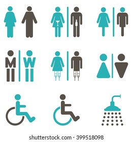 Toilet Persons vector icon set. Style is bicolor grey and cyan flat symbols isolated on a white background.