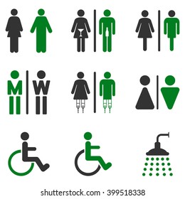 Toilet Persons vector icon set. Style is bicolor green and gray flat symbols isolated on a white background.