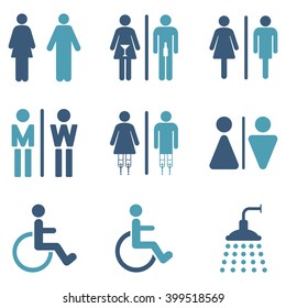 Toilet Persons vector icon set. Style is bicolor cyan and blue flat symbols isolated on a white background.