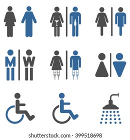 Toilet Persons vector icon set. Style is bicolor cobalt and gray flat symbols isolated on a white background.