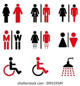 Toilet Persons vector icon set. Style is bicolor intensive red and black flat symbols isolated on a white background.