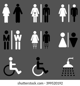 Toilet Persons vector icon set. Style is bicolor black and white flat symbols isolated on a gray background.
