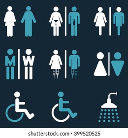 Toilet Persons vector icon set. Style is bicolor blue and white flat symbols isolated on a dark blue background.