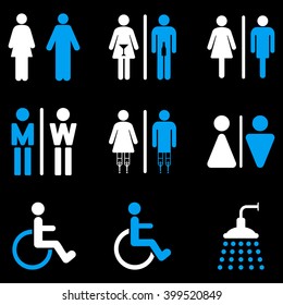 Toilet Persons vector icon set. Style is bicolor blue and white flat symbols isolated on a black background.