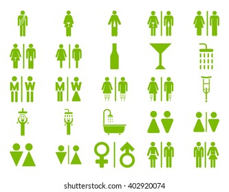Toilet Persons vector icon set. Style is eco green flat symbols isolated on a white background.