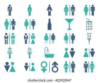 Toilet Persons vector icon set. Style is bicolor cobalt and cyan flat symbols isolated on a white background.