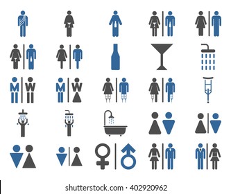 Toilet Persons vector icon set. Style is bicolor cobalt and gray flat symbols isolated on a white background.