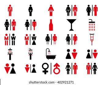 Toilet Persons vector icon set. Style is bicolor intensive red and black flat symbols isolated on a white background.