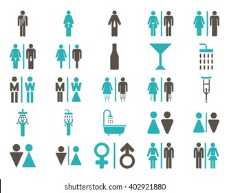 Toilet Persons vector icon set. Style is bicolor grey and cyan flat symbols isolated on a white background.