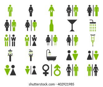 Toilet Persons vector icon set. Style is bicolor eco green and gray flat symbols isolated on a white background.