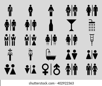 Toilet Persons vector icon set. Style is black flat symbols isolated on a light gray background.