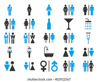 Toilet Persons vector icon set. Style is bicolor blue and gray flat symbols isolated on a white background.