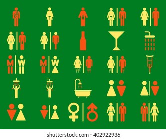 Toilet Persons vector icon set. Style is bicolor orange and yellow flat symbols isolated on a green background.