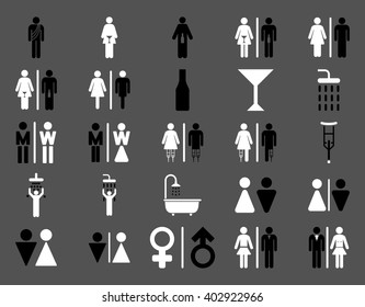 Toilet Persons vector icon set. Style is bicolor black and white flat symbols isolated on a gray background.