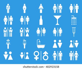 Toilet Persons vector icon set. Style is white flat symbols isolated on a blue background.