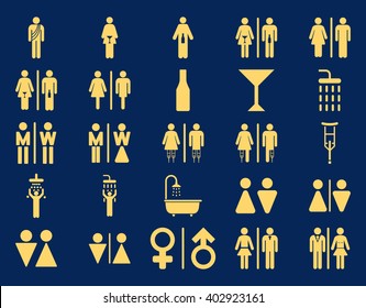 Toilet Persons vector icon set. Style is yellow flat symbols isolated on a blue background.